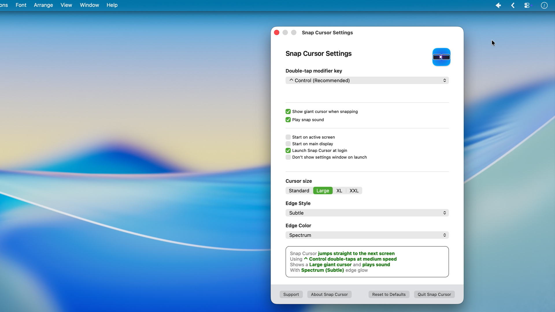 SnapCursor Settings window showing configuration options